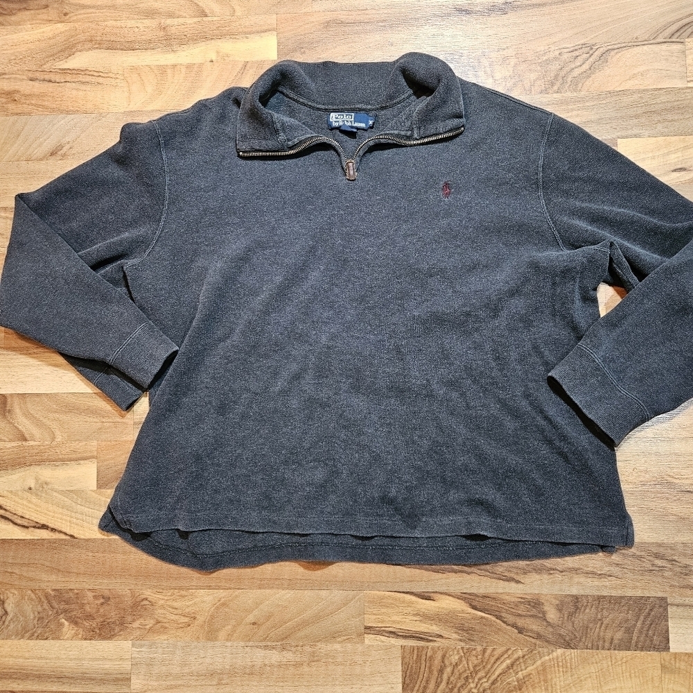 Polo Ralph Lauren 1/4 Zip Leather Pull tab Gray Long Sleeve Sweater XXL
